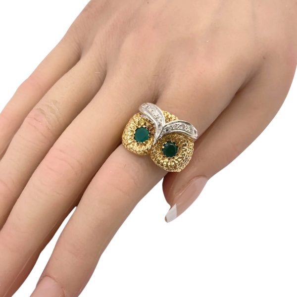Chrysoprase Owl Statement Ring 14K Two-Tone Gold worn