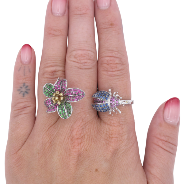 Convertible 3.14ctw Sapphire & Tsavorite Pave Flower & Beetle Ring 14K Converted worn (1)