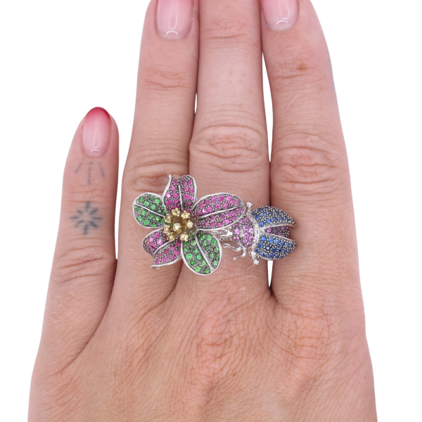 Convertible 3.14ctw Sapphire & Tsavorite Pave Flower & Beetle Ring 14K Converted worn (2)