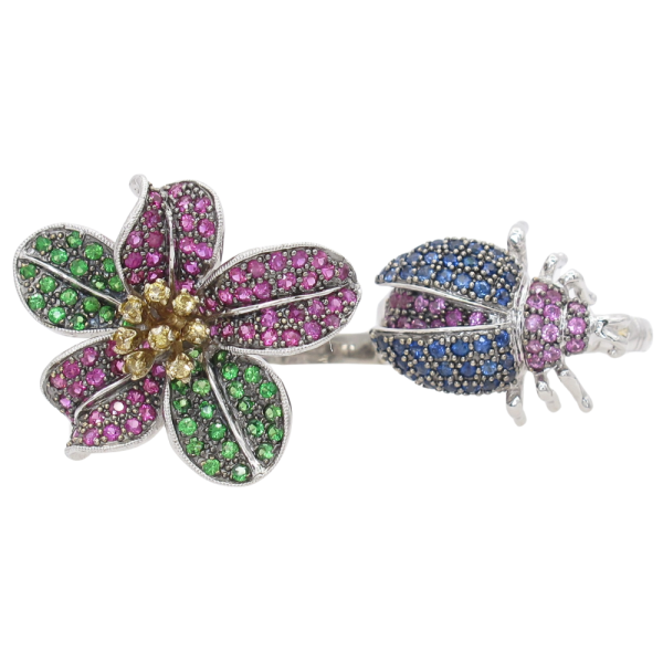 Convertible 3.14ctw Sapphire & Tsavorite Pave Flower & Beetle Ring 14K converted