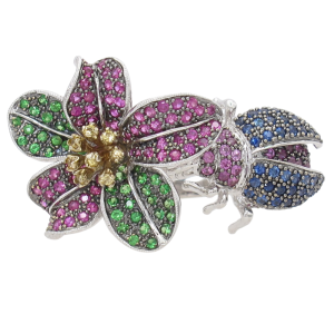 Convertible 3.14ctw Sapphire & Tsavorite Pave Flower & Beetle Ring 14K front