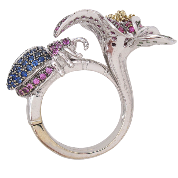 Convertible 3.14ctw Sapphire & Tsavorite Pave Flower & Beetle Ring 14K profile