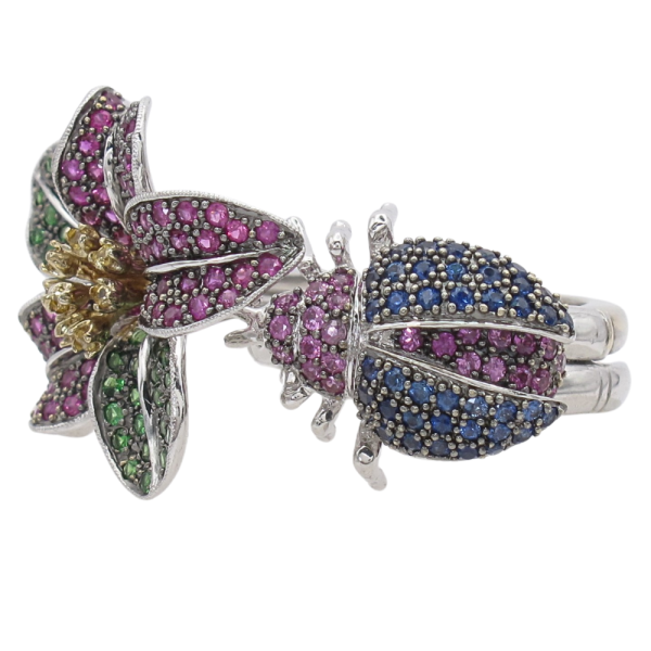 Convertible 3.14ctw Sapphire & Tsavorite Pave Flower & Beetle Ring 14K side 2