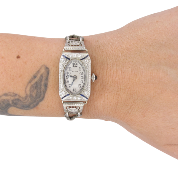 Elgin Sapphire & Diamond Ladies Art Deco Watch 18K worn