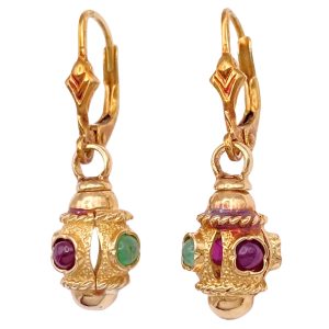 Etruscan Revival Ruby & Emerald Earrings 14K Gold