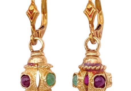 Etruscan Revival Ruby & Emerald Earrings 14K Gold