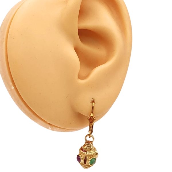 Etruscan Revival Ruby & Emerald Earrings 14K Gold worn