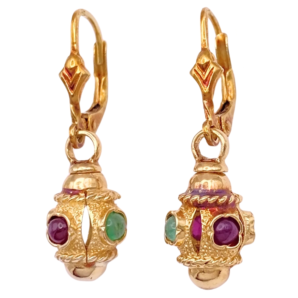 Etruscan Revival Ruby & Emerald Earrings 14K Gold