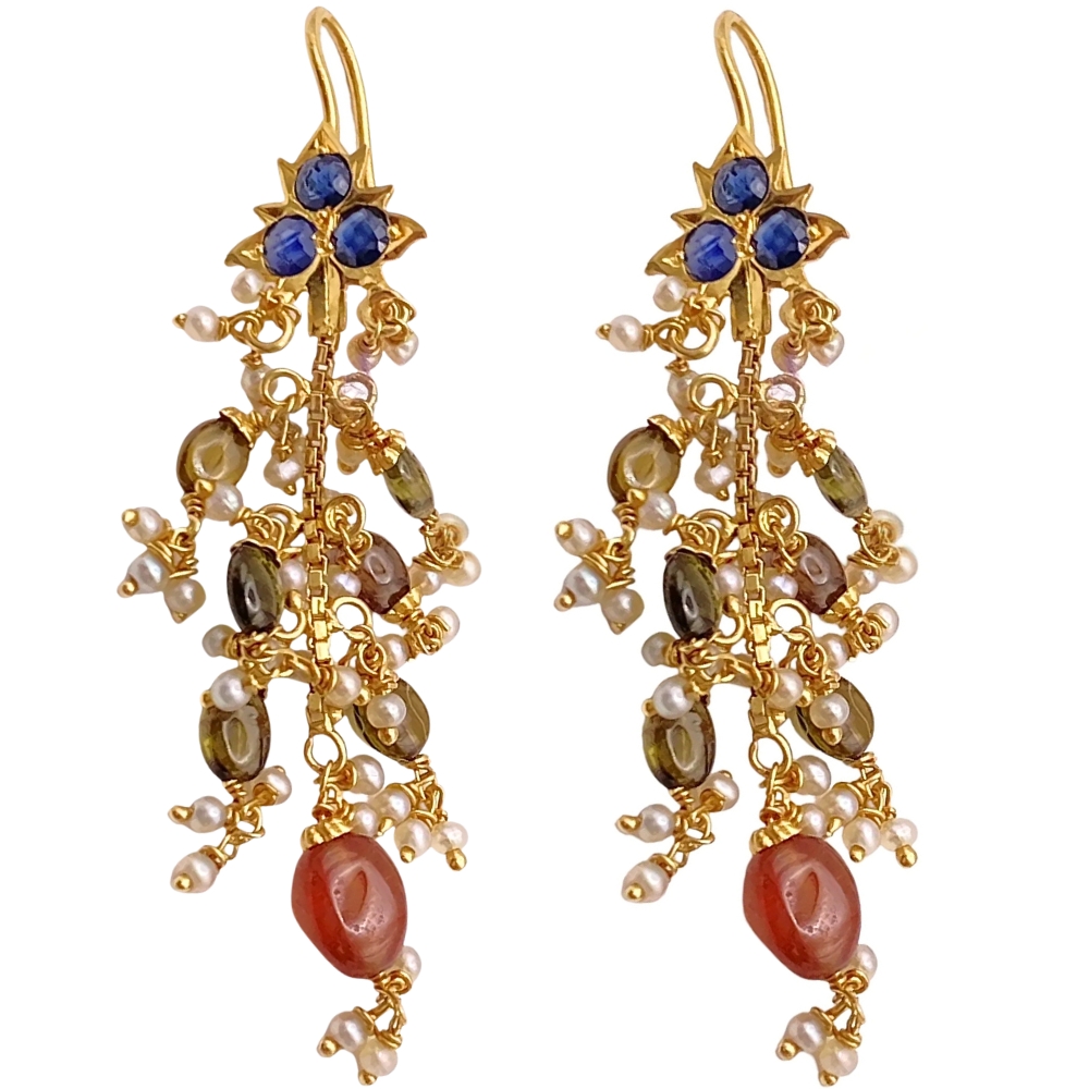 Gemstone Bohemian Dangle Earrings 22K Gold
