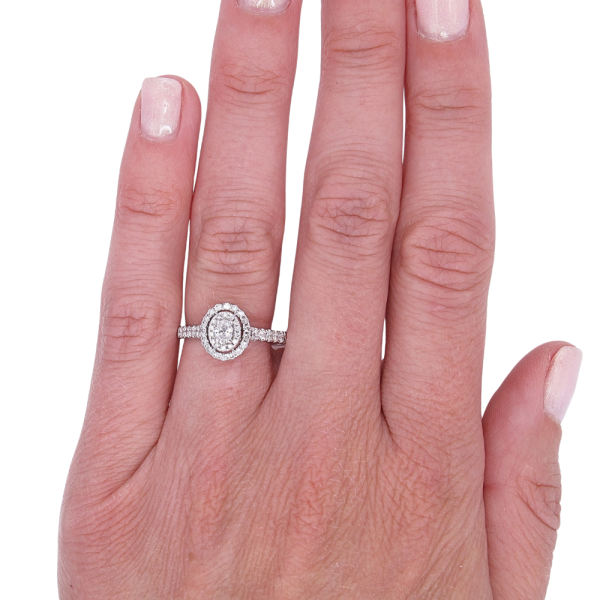 Half Carat Oval Halo Diamond Engagement Ring White Gold Worn