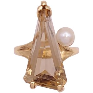 Modernist Smoky Quartz Ring with Cultured Pearl Accent 14K Gold