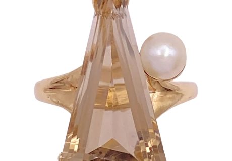 Modernist Smoky Quartz Ring with Cultured Pearl Accent 14K Gold