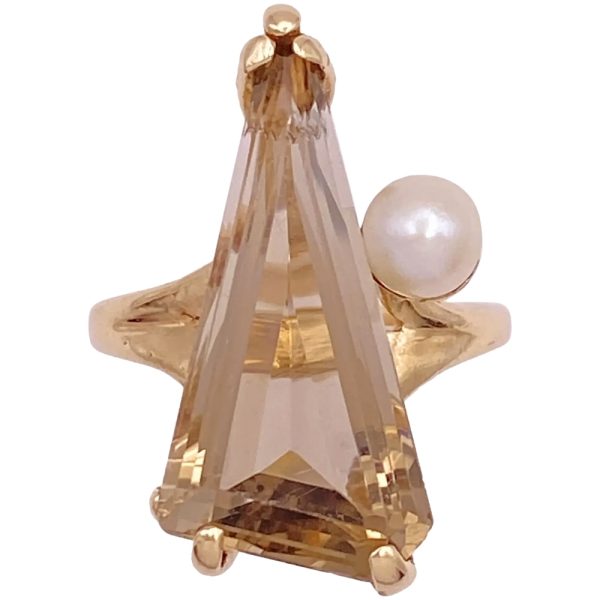 Modernist Smoky Quartz Ring with Cultured Pearl Accent 14K Gold