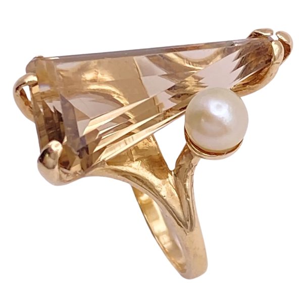 Modernist Smoky Quartz Ring with Cultured Pearl Accent 14K Gold side