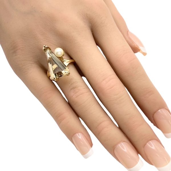 Modernist Smoky Quartz Ring with Cultured Pearl Accent 14K Gold worn