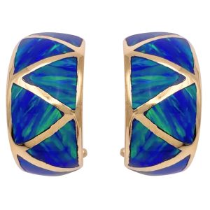 Opal Inlay Half Hoop Earrings 14K Gold