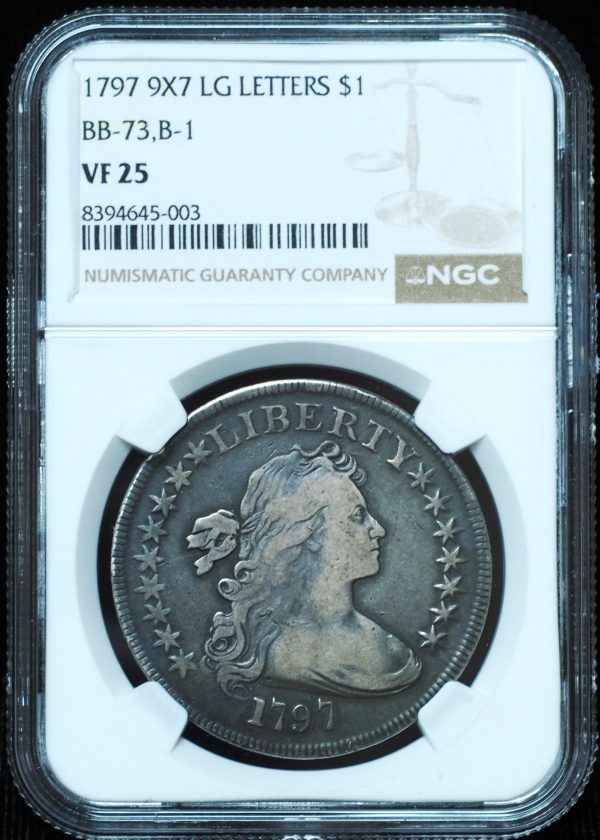 1797 Draped Bust Dollar 9x7 Large Letters BB-73, B-1 VF25 NGC