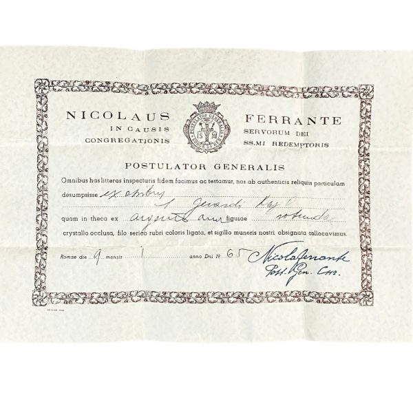 Saint Germaine Reliquary with Certificate of Authenticity 1965 certificate