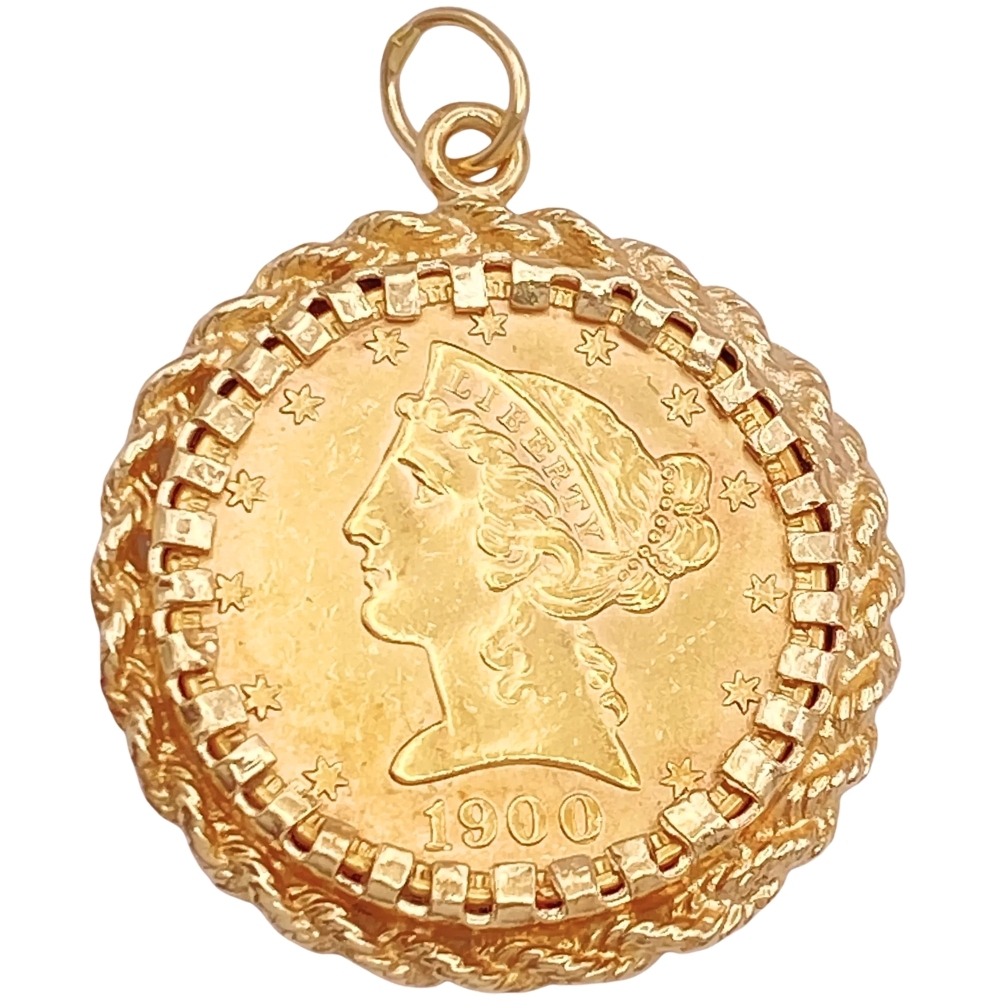 US 1900 Liberty Head Half Eagle Gold Coin Pendant in 14K Gold Frame