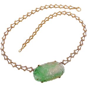 Victorian Era Carved Jade Necklace 14K Gold full