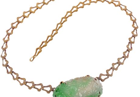 Victorian Era Carved Jade Necklace 14K Gold full
