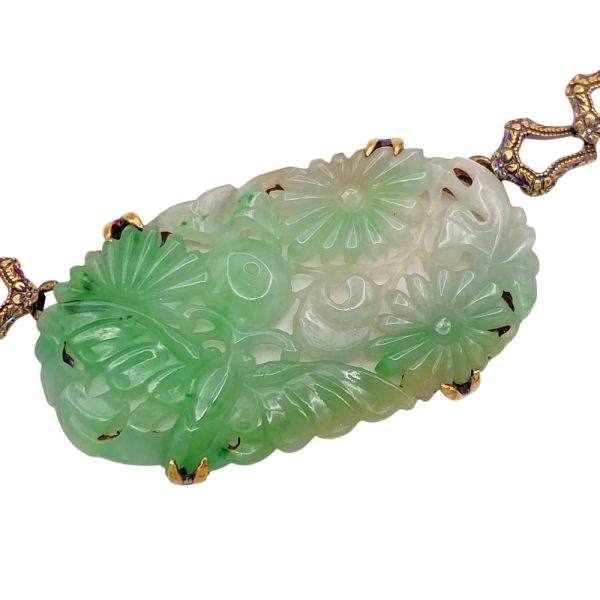 Victorian Era Carved Jade Necklace 14K Gold close up