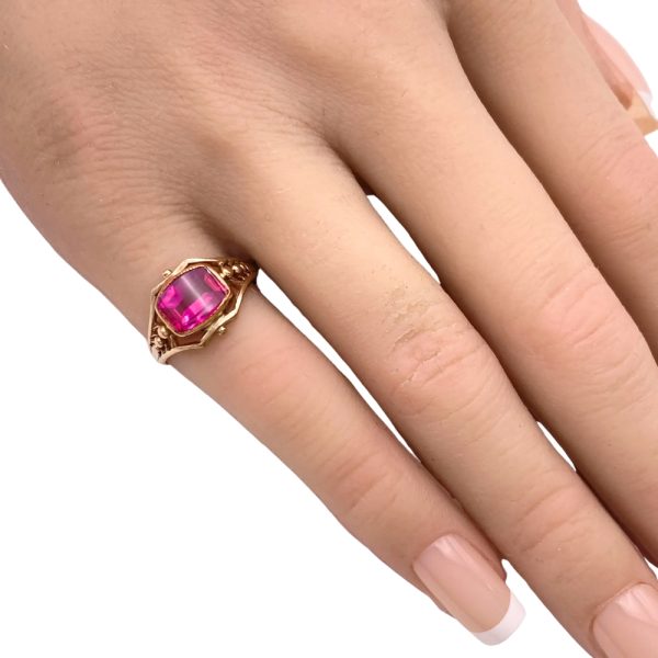 Victorian Era Lab Ruby Ring 10K Rose Gold worn