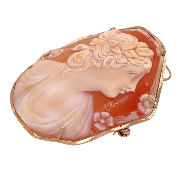 Victorian Revival Carved Cameo Pendant Brooch 14K Gold side