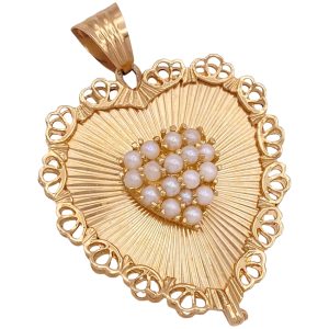 Vintage Cultured Pearl Heart Pendant 14K Gold
