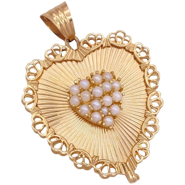 Vintage Cultured Pearl Heart Pendant 14K Gold