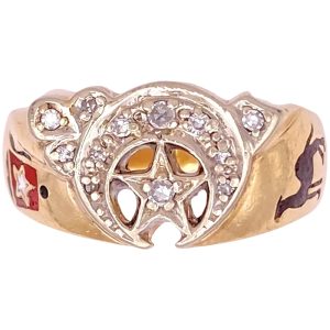 Vintage Shriners Ring with Diamond & Enamel Accents 14K Gold