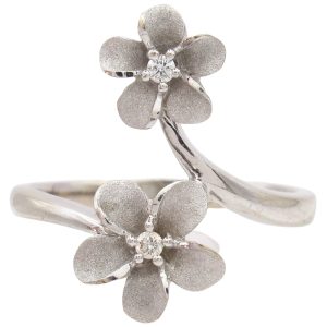 0.06ctw Diamond Plumeria Flower Ring 14K White Gold front up