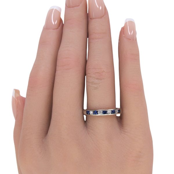 0.64ctw Diamond & Sapphire Band Ring 14K White Gold worn
