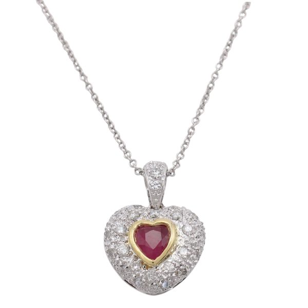 0.71ctw Ruby Heart Necklace with Diamond Halo 14K Gold pendant