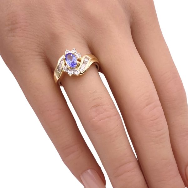 0.80ctw Tanzanite Ring with Baguette Diamond Accents 14K Gold worn