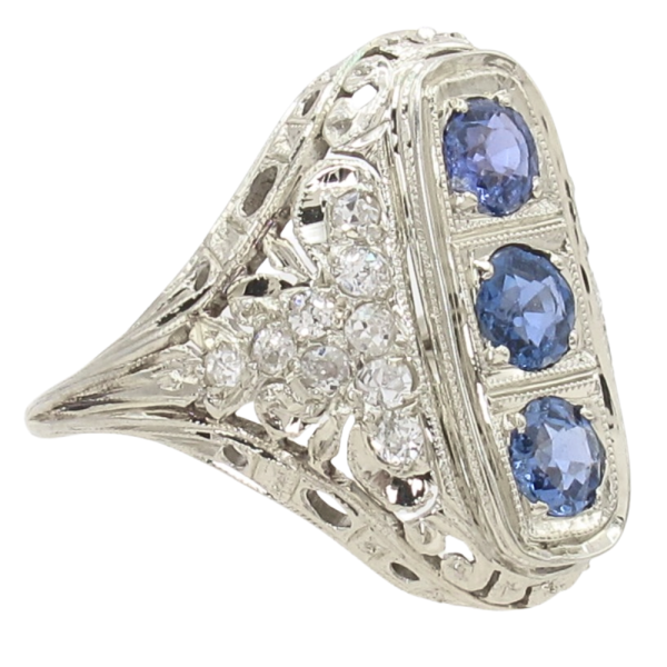 1.11ctw Ceylon Sapphire Detailed Art Deco Ring 18K Angle