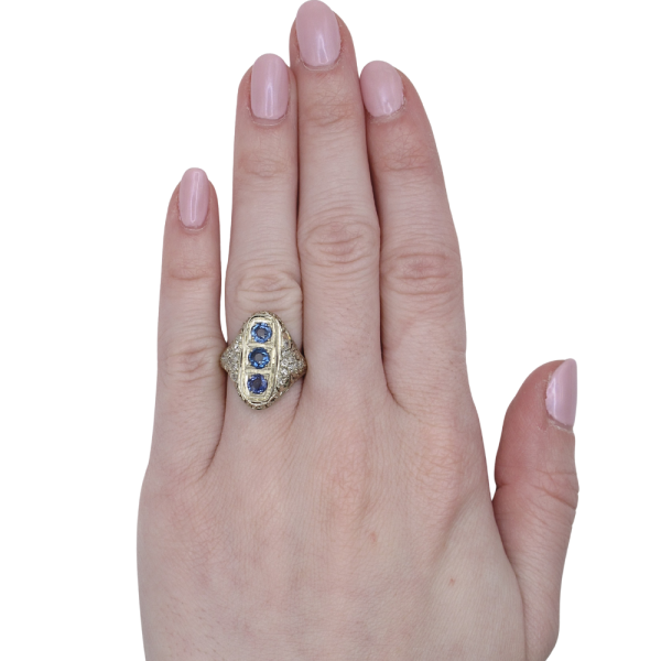 1.11ctw Ceylon Sapphire Detailed Art Deco Ring 18K Worn