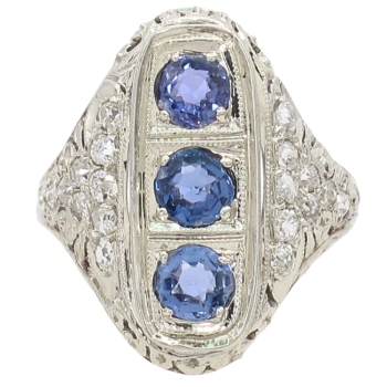 1.11ctw Ceylon Sapphire Detailed Art Deco Ring 18K front