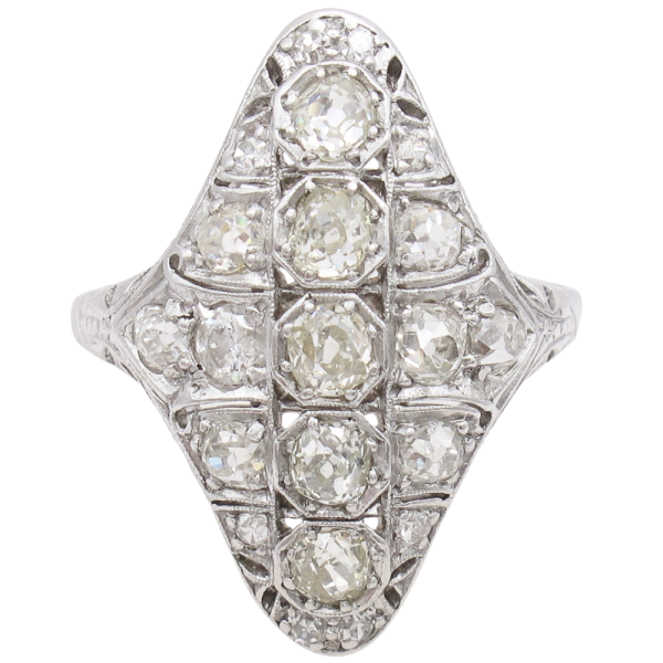 1.86ctw Diamond Edwardian Navette Ring 18K White Gold Front