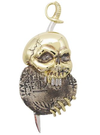 1622 Atocha Shipwreck 2 Reales in Custom 14k Skull & Sword Pendant