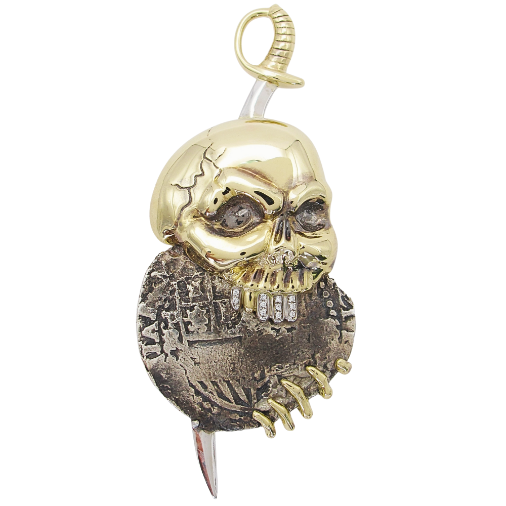 1622 Atocha Shipwreck 2 Reales in Custom 14k Skull & Sword Pendant