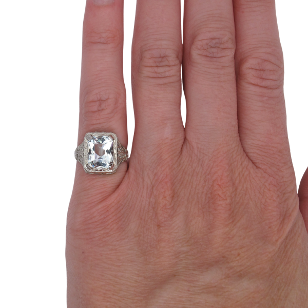 2.5ct Radiant Cut Aquamarine Art Deco Ring in 18K White Gold Modeled