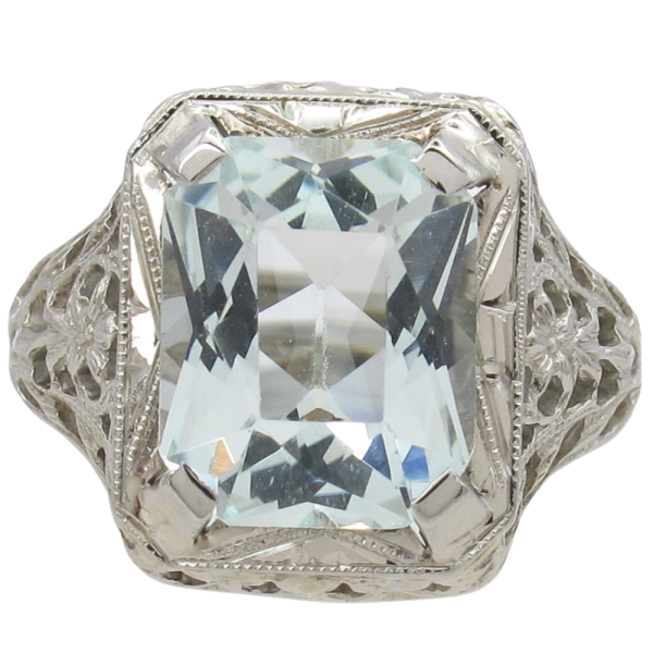 2.5ct Radiant Cut Aquamarine Art Deco Ring in 18K White Gold Side Details (2)