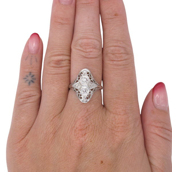 .22ctw Diamond Filigree Detail Art Deco Ring 18K White Gold Worn