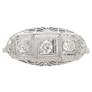 .24ctw Three Stone Diamond Filigree Art Deco Ring Platinum Profile Friont