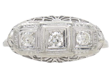.24ctw Three Stone Diamond Filigree Art Deco Ring Platinum Profile Friont