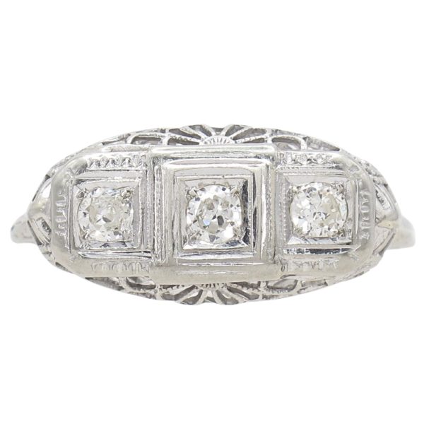 .24ctw Three Stone Diamond Filigree Art Deco Ring Platinum Profile Friont