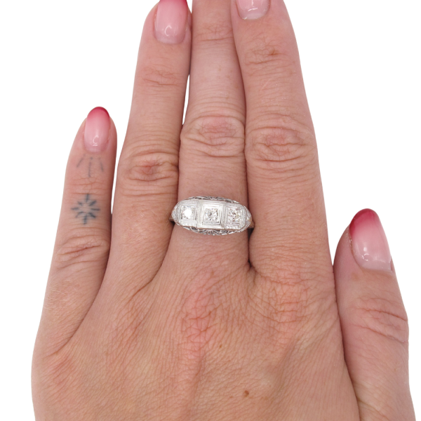 .24ctw Three Stone Diamond Filigree Art Deco Ring Platinum Profile (2)