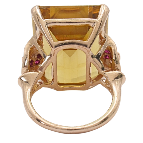26ct Emerald Cut Citrine & Ruby Retro Ring 14K Rose Gold Back