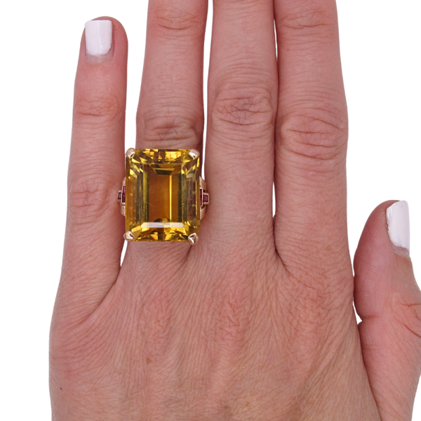 26ct Emerald Cut Citrine & Ruby Retro Ring 14K Rose Gold Modeled